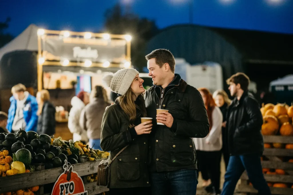 Couple enjoying a coffee and moment in pumpkins